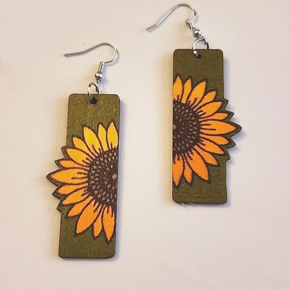 Boho  Sunflower Wood Earrings Double sided pattern